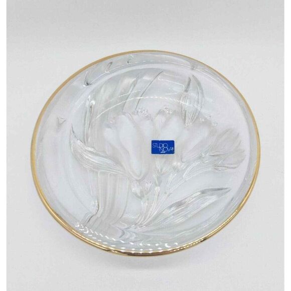 Crystal Gold Rim Studio Nova Trinket Candy Dish Ashtray with Floral Design Heavy - Picture 3 of 4